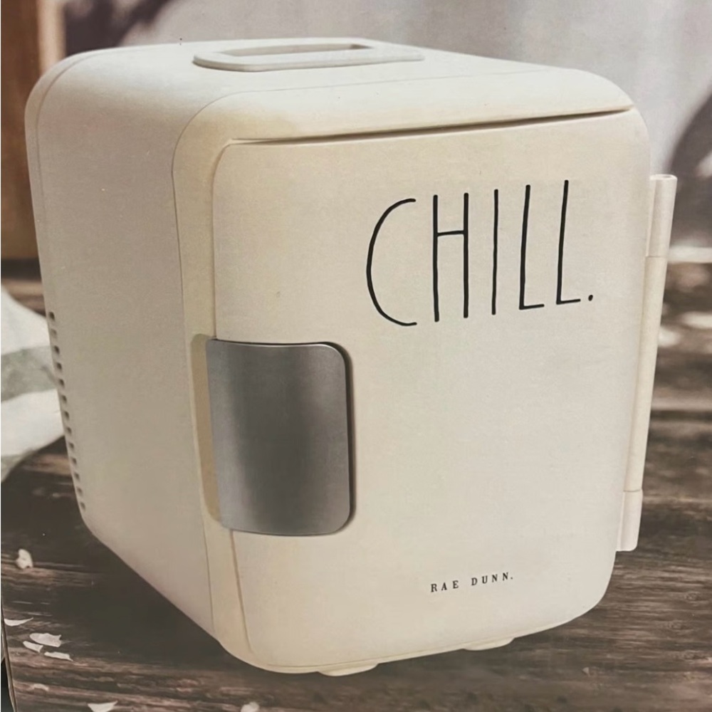 Rae Dunn Mini Fridge - Cream and Silver